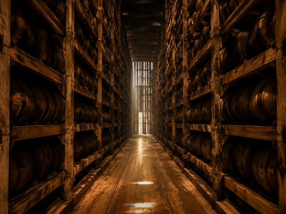 Inside a bourbon barrel rackhouse